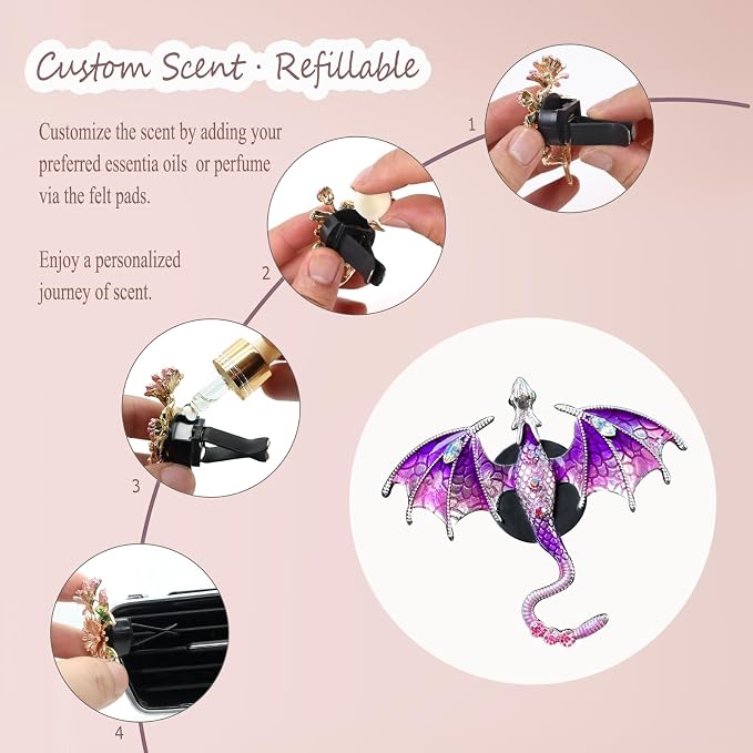 ORIESSE Purple Dragon Car Accessory,1pcs Bling Wyvern Car Air Freshener Vent Clip,Cute Girly Refillable Air Freshener Diffuser,Dazzing Rhinestone Dashboard Decoration for Women