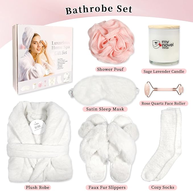 my novel things Birthday Gifts for Women, Bathrobe Set, Spa Robe and Slippers set with Scented Candle Self Care 7 Pack for Christmas Thanksgiven Valentine's Day Gift Unique for Her Mother Mom Girl