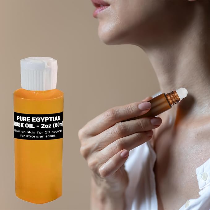 AromaZen Pure Egyptian Musk Oil 16oz (473ml) for Women & Men with Amber Glass Empty Roll On Bottle 10ml - Best Original Fragrance Aromatherapy Perfume Cologne Essential Body Oil in Bulk (2oz)