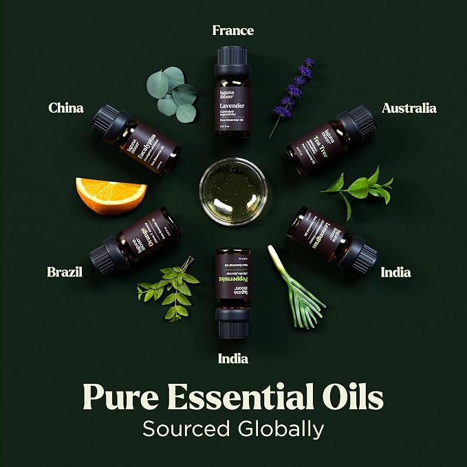 Lagunamoon Top 6 Blends Essential Oil Set (10ml) and 16 Pcs Premium Grade Home Essentials Oils (10ml) - for Diffusers, Home Care, Candle Making Scents, Fragrance, Aromatherapy, Humidifiers, Gifts