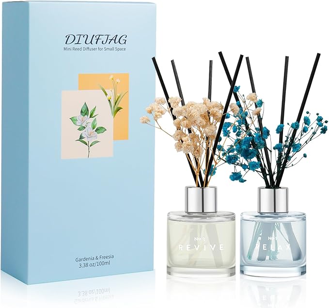 Jasmine White Tea Gardenia Bathroom Diffuser, 3.4 oz Reed Diffuser with Dried Flower for Small Place, Last up to 60 Days