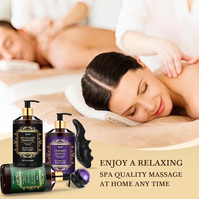 Pjordo 3 Pack Massage Oil for Massage Therapy, Lavender Oil for Relaxation, Sore Muscle Arnica Oil & Cellulite Massage Oil, with Massage Roller Ball & Thumb Saver Tool, Massage Kit for Him Her