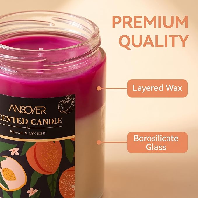 Scented Soy Candles, Peach & Lychee, 11oz | Aromatherapy Jar Candle, 70 Hour Burn Time, Long Lasting, Gift Candle