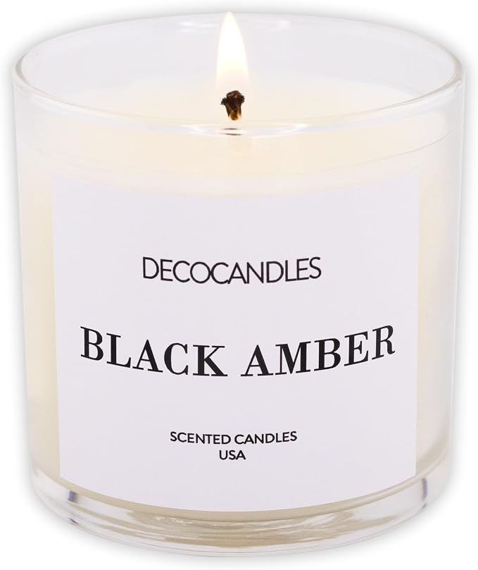 DECOCANDLES Black Amber Home Fragrance Candle, 6 Oz Soy Wax Blend Scented Candle, Long Burn Time