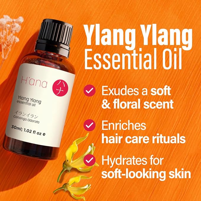 H'ana Ylang Ylang Oil - 1.02 Fl Oz Ylang Ylang Essential Oil for Hair, Skin, Diffuser, Aromatherapy & DIY