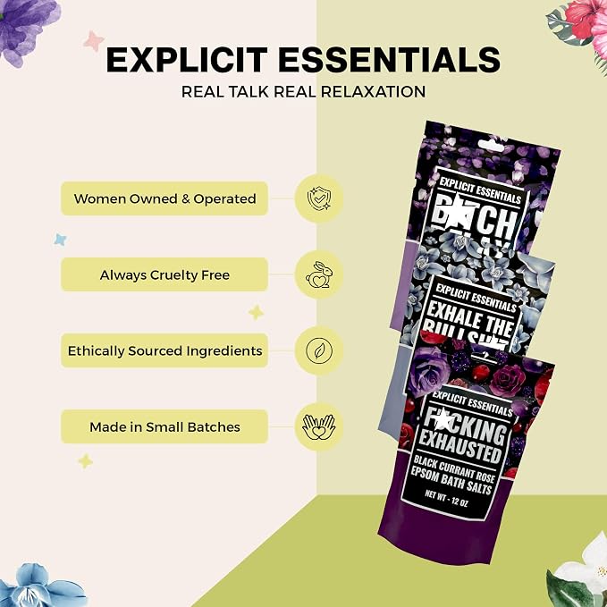 Explicit Essentials Bath Salts Gift Set | 3 Relaxing Epsom Salt Bath Soaks | Aromatherapy Epsom Salt Variety Pack for Stress Relief, Relaxation & Self-Care Gifts