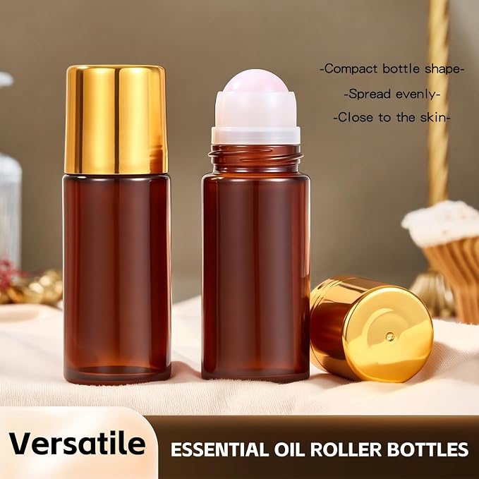 Rose Quartz Refillable Roller Ball Applicator for Essential Oils 50ml, Amber Glass Roll on Bottle, Leak-Proof Oil Roller Bottle, Ideal for Travel and Personal Care 2pcs