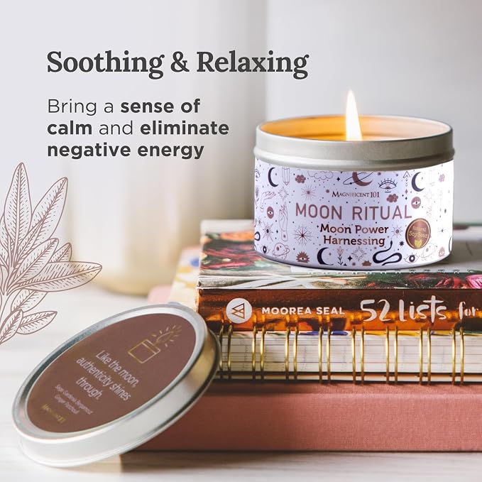 MAGNIFICENT 101 Moon Ritual Soy Wax Smudge Candle - 6 Oz White Tin - 35-Hour Burn & Energy Cleansing - Manifestation & Meditation Candle