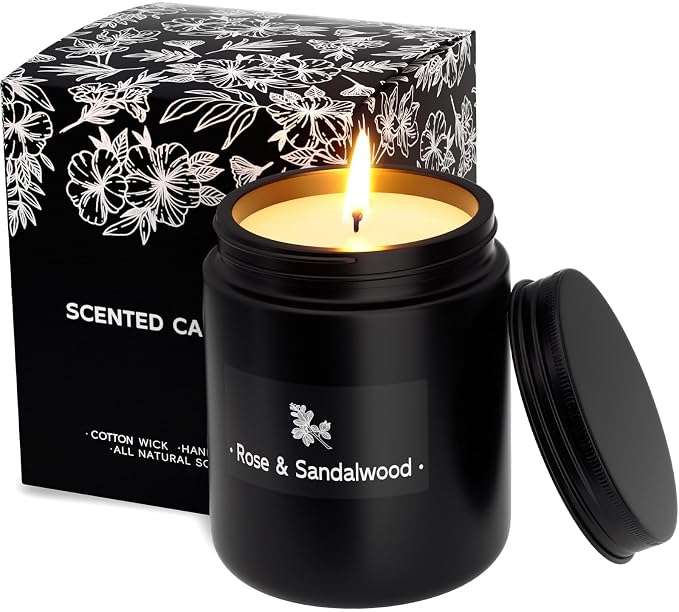TranquilBliss Rose & Sandalwood Black Scented Candles for Men - 7.6oz Soy Wax Candle for Home Scented - Men Candle Gifts, Father's Day, Christmas Gift for Husband, Boyfriend, Father
