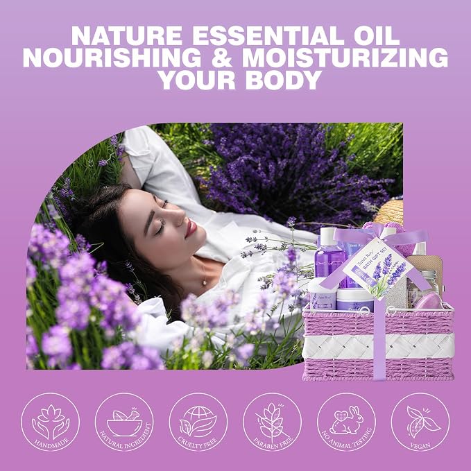 21Pcs Spa Gift Set Bath and Body Gift Basket Set Care Kit, Spa Bath Basket | Lavender Home Spa Gifts for Woman Body Care Set, Relaxing Sets for Women & Men, Spa Kit, Birthday, Christmas, Anniversary