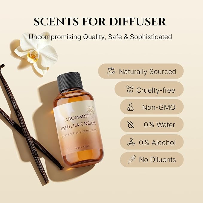 AROMADD Vanilla Cream Diffuser Oil, Warm Vanilla & Caramel Scent, Soft Sweet & Cozy Aroma, Long Lasting Fragrance Oil for Waterless Diffusers & Home Fragrance, 3.38 Fl Oz (100ml)
