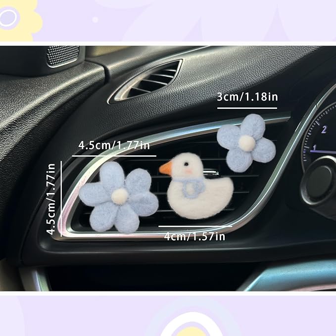 ORIESSE Cute Car Accessories,Duck Flower Air Vent Clips,Handmade Wool Felt Aroma Diffuser,Refillable Girly Car Air Freshener,3pcs White Blue Car Decor