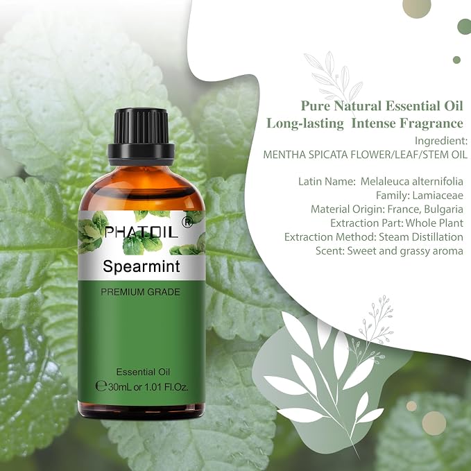Spearmint 1.01fl.oz Essential Oil, PHATOIL Pure Aromatherapy Oils for Diffuser, Humidifier, Perfect for DIY Soap, Candle, Bath Bombs Making(30ml)