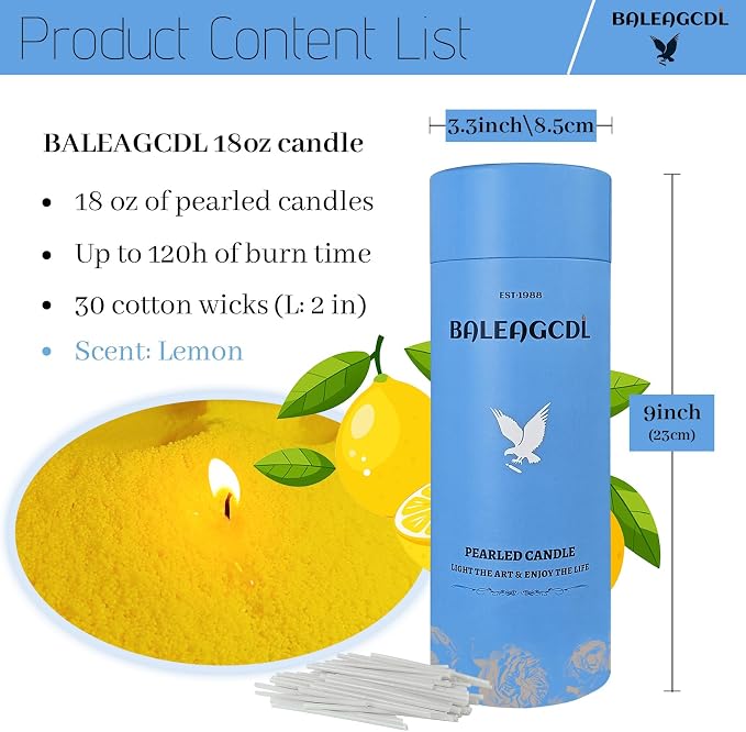 Pearled Candle – 18 oz Zesty Lemon Scented Sand Candles with 30 Wicks | Refillable Yellow Wax Long-Lasting Powder 120 Hours for Kitchen & Home Freshening Gifts