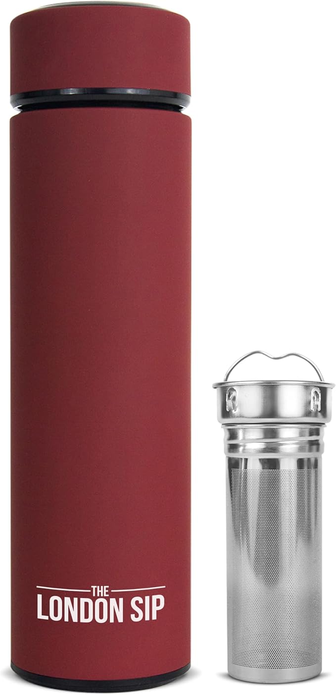 The London Sip Multi-Purpose Travel Mug and Tumbler Fruit Infused Flask Hot and Cold Double Wall Stainless Steel Thermos with Extra-Long Infuser, Sacred Red