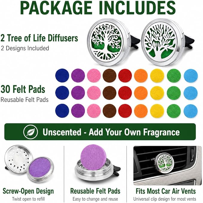 2PCS 30mm Car Aromatherapy Essential Oil Diffuser Stainless Steel Locket with Vent Clip 30 Felt Pads Tree of Life Pattern (Silverly)