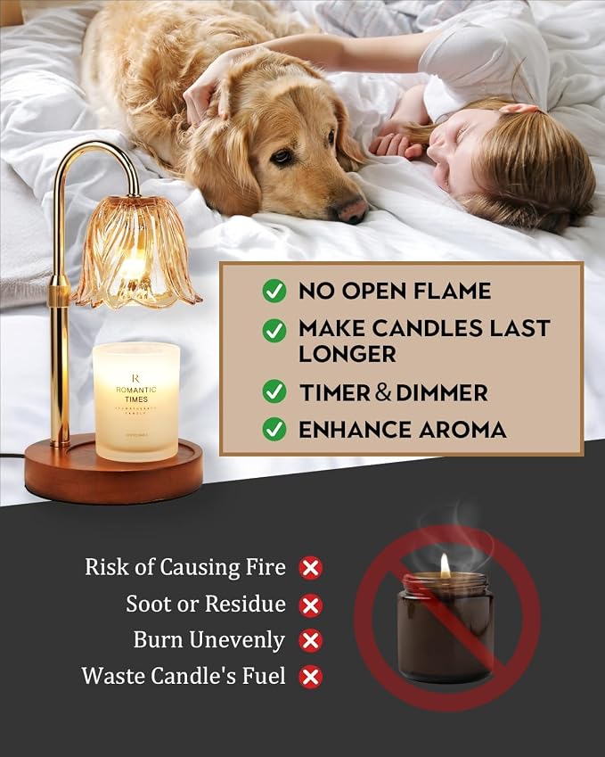 Funistree Candle Warmer Lamp, Gold Candle Lamp Warmer with Timer & Dimmer with 2 Bulbs, Mothers Day Birthday Gifts for Women Mom, House Warming Gift New Home Bedroom Decor, Height Adjustable