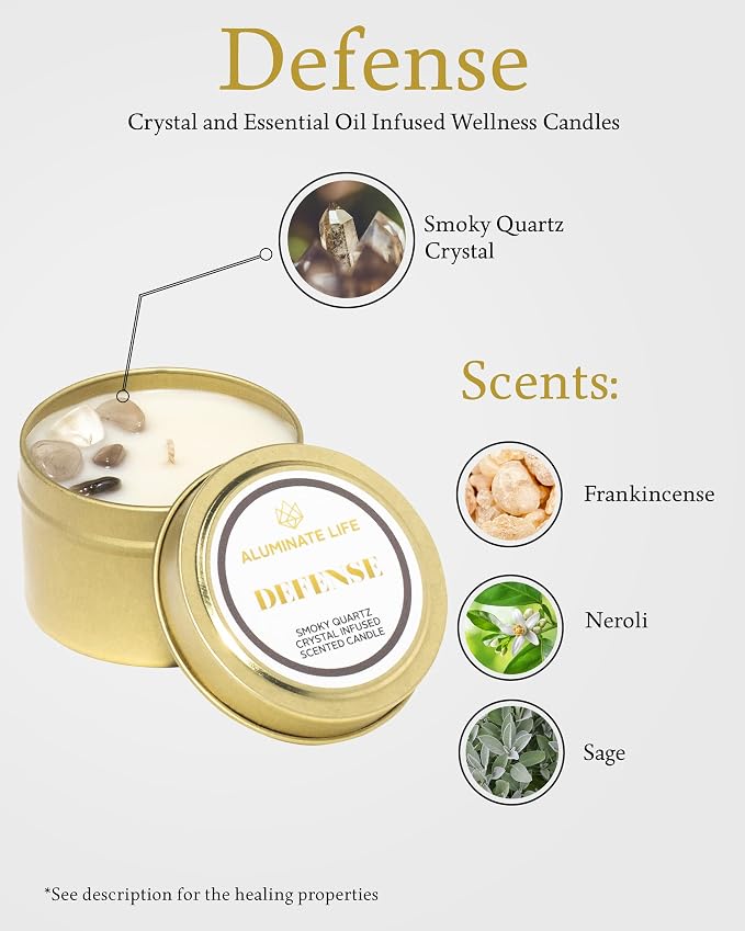 Luxury Candle Tin, 4 OZ, Defense - Smoky Quartz Crystal Infused - Scents of Frankincense, Neroli, & Sage - Detoxify, Ground, & Fortify - Coconut Wax Blend, Essential Oils, Dr. Developed