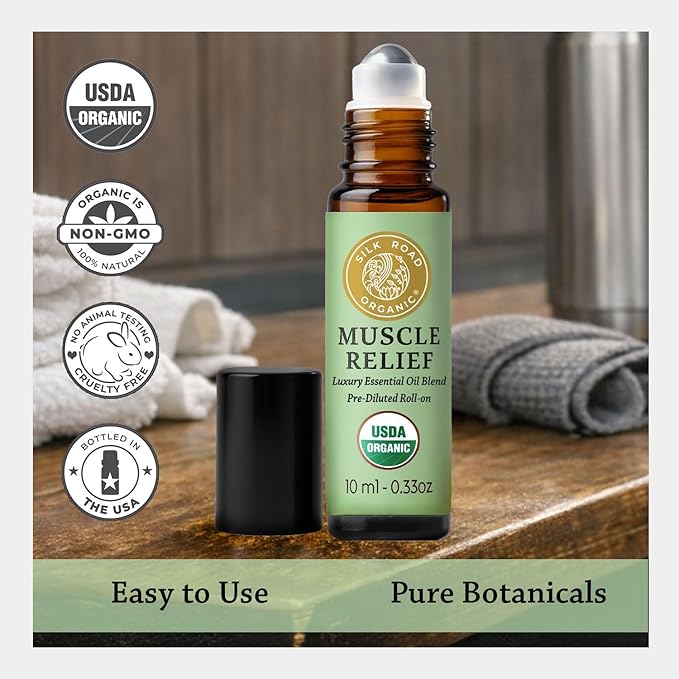 Silk Road Organic Muscle Relief Essential Oil Blend Roll On for Muscle Aches & Stiff Joints | USDA Certified Aromatherapy with Peppermint & Ginger - 10 ml Roller