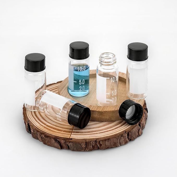 Kesell 50-Pack 10ml Clear Glass Vials - Borosilicate Glass, Graduated, with Labels -Small Sample Bottle for Oil - Portable Vials with Caps