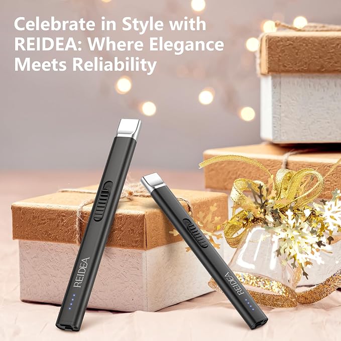 REIDEA Electric Lighter Gift for Candle Lovers, Windproof Flameless USB Rechargeable Arc Retractable Lighter with Safe Button and Power Indicator for Candle, BBQ and Fireworks, R1 Flat, Obsidian Black