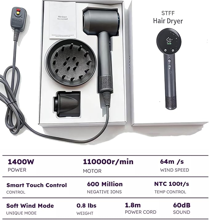 STFF ion Hair Dryer high Speed brushless Motor with Blow Dryer Diffuser,1400W Ultra-Fast Dryer,Ultra-Ligh, Low Noise,Intelligent LCD Display,for Women/Children