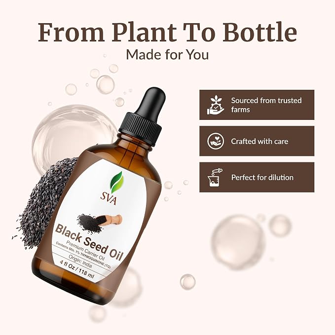 SVA Black Seed Oil - 4 Fl Oz - for Face, Skin Care, Hair Care, Scalp Massage & Body Massage – Carrier Oil with Dropper