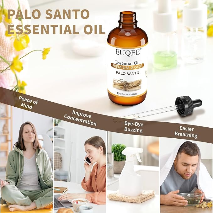 EUQEE Palo Santo Essential Oil 118mL Pure Palo Santo Oil Premium Essential Oil with Glass Dropper for Diffuser, Soap Candle Making - 4Fl. Oz