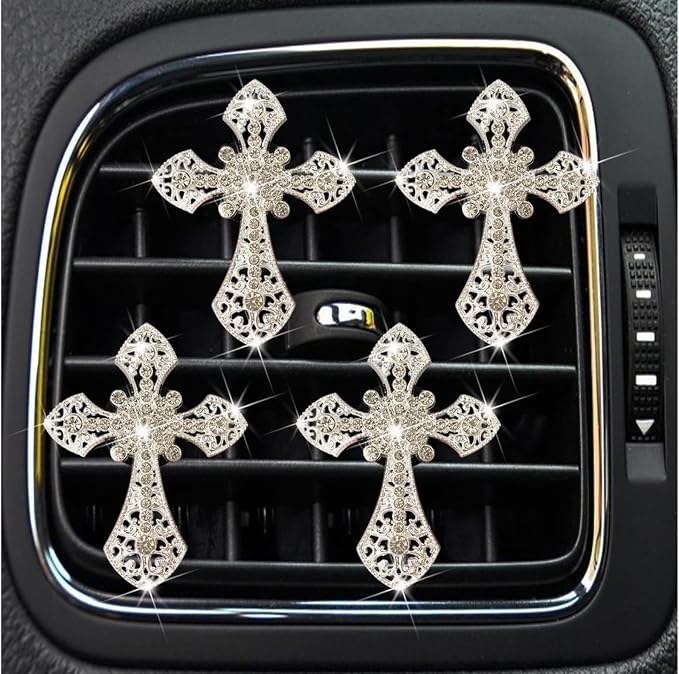 4Pcs Bling Cross Air Vent Clips,Crystal Car Vent Clip,Interior Accessories,Air Fresheners Vent Clips Car Diffuser Vent Clip Rhinestone Diamond Cross Car Decoration Car Interior Decor Car Accessorie