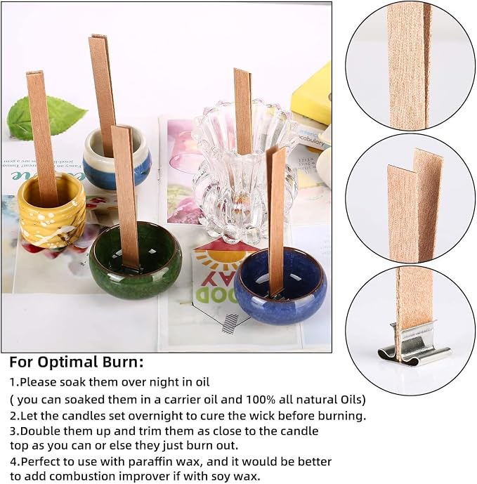 100 pcs Wooden Candle Wicks for Candle Making 0.75 * 5.1 inch Crackling Wood Wicks/Smokeless Candle Wick with Metal Base Clip 50 Sets