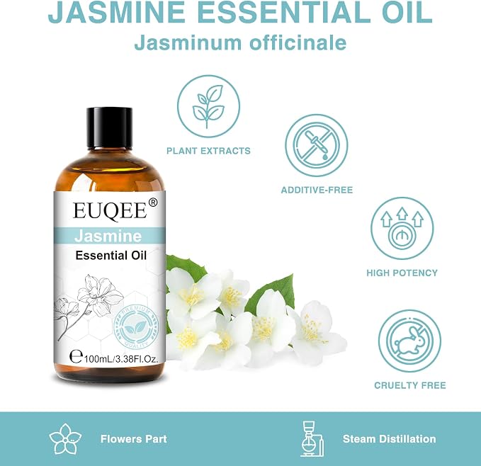 EUQEE 100ml Jasmine Essential Oil, Pure Jasmine Essential Oil for Diffuser, Massage, DIY Soap,Candle Making, Skin & Hair Care - 3.38 Fl Oz