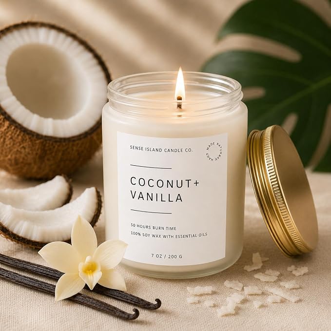 Coconut Vanilla Scented Candle– 7oz Soy Wax | Coconut and Vanilla Cozy Sensual Aroma | Long Lasting Highly Scented Candle for Women | Warm Gourmand Fragrance | Gift for Her, Bedroom or Bath