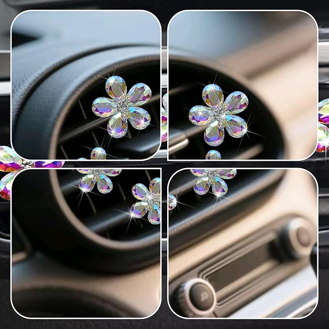 Bling Daisy Flower Car Air Vent Clips, 5PCS Sparkling Crystal Rhinestone Cute Vehicle Air Conditioning Clamp, Diamond Auto Air Outlet Clip Decor for Women Girls (Multicolor)