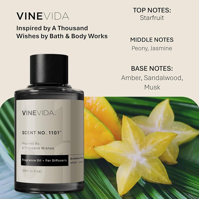 VINEVIDA [4 Fl Oz] Scent NO. 1101 Fragrance Oil for Cold Air Diffusers, Aromatic Notes of Amber Peony Starfruit, Essential Oils for Diffuser Oil Refill & Air Freshener Room Spray