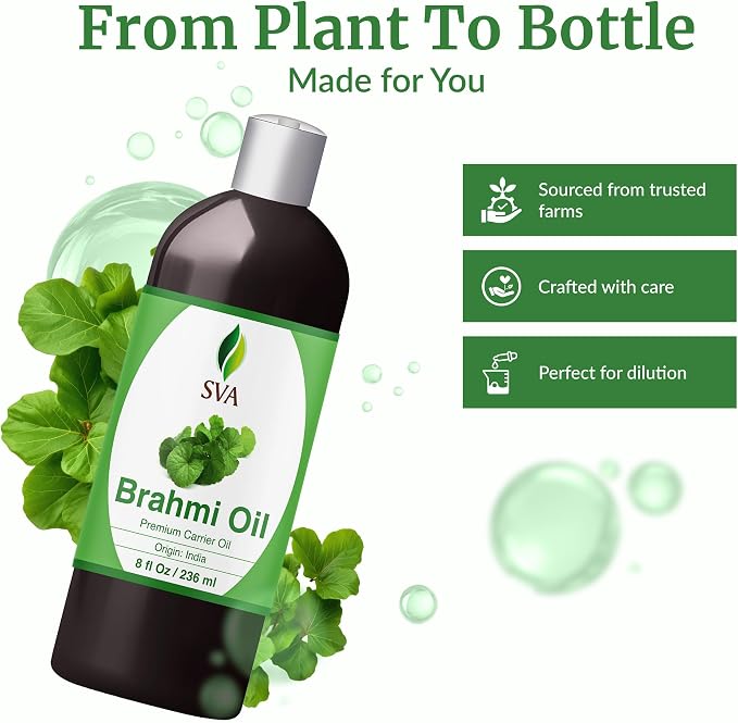 SVA Brahmi Oil - 8 Fl Oz – 100% Natural Cold Pressed Brahmi Oil - for Face, Skin Care, Hair Care, Scalp Massage & Body Massage – Carrier Oil with Pump