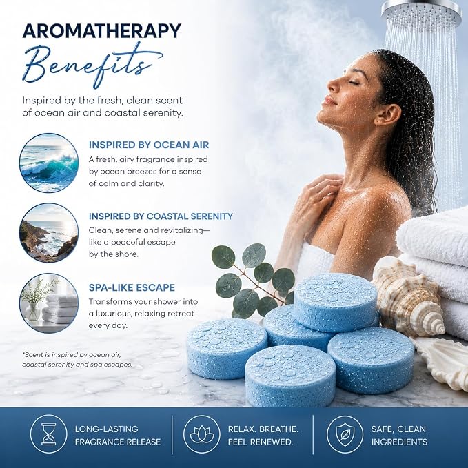 Shower Steamers Aromatherapy, Essential Oil Pods Infused for Relaxation, Shower Pods Aromatherapy - Calming, Stress Relief & Self Care Gifts for Women - Coastal Calm