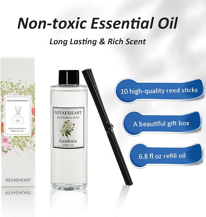 Reed Diffuser Refill, Jasmine & Mint Reed Diffuser Oil with Sticks Set, 6.8oz(200ml) Reed Diffuser Oil Refill Home Fragrance for Bedroom, Bathroom Home Decor