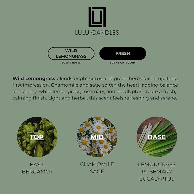 Lulu Candles | Wild Lemongrass | Luxury Scented Soy Jar Candle | Hand Poured in The USA | Highly Scented & Long Lasting (9 Oz.)