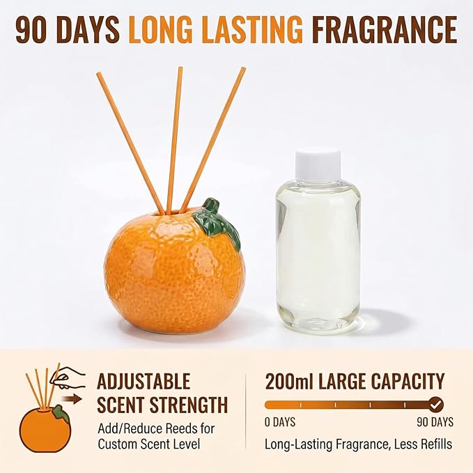 Sweet Natural Orange Scented Reed Diffuser Set – 6.76 fl oz (200ml) with Sticks, Creative Orange-Shaped Ceramic Design for Home, Bedroom & Bathroom Decor, Long Lasting Aromatherapy Gift
