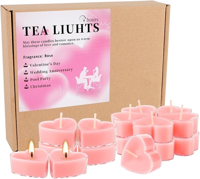 Valentine's Gift 50 PCS Heart Shaped Tea Light Candles, Rose Scented 4-Hour Burn Smokeless Tealights for Valentine's Day, Wedding Anniversary, Proposal&Romantic Decorations.