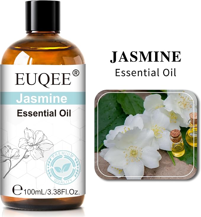 EUQEE 100ml Jasmine Essential Oil, Pure Jasmine Essential Oil for Diffuser, Massage, DIY Soap,Candle Making, Skin & Hair Care - 3.38 Fl Oz