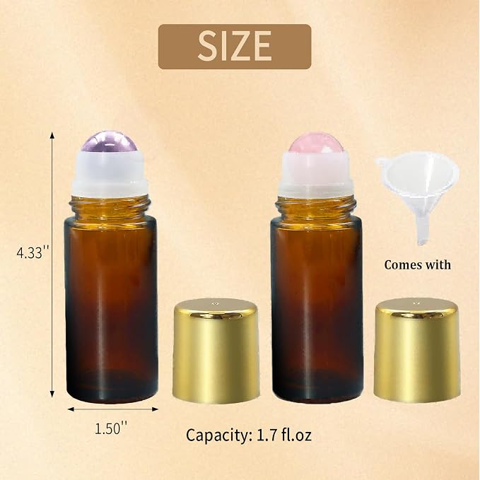Rose Quartz & Amethyst Roller Bottles for Essential Oils, 50ml Refillable Amber Glass Roll On Bottles with Natural Crystal Roller Balls, Leak-Proof Travel Perfume Bottle with Gold Caps