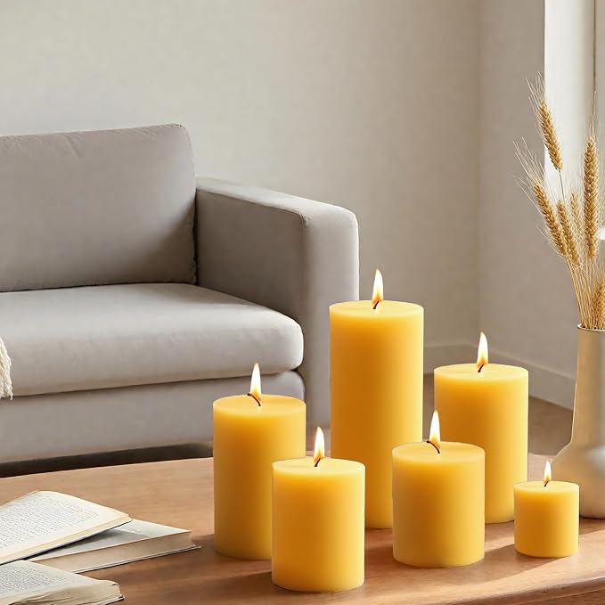 Beeswax Candles Set of 6, Non Toxic Natural Pillar Candle Bulk | Clean Burn, Paraffin Free, No Fragrance, Pet-Friendly, Assorted Size, Home Decor, Air Purify,Smokeless, Dripless, Emergency