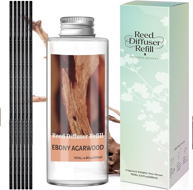 STRN Reed Diffuser Oil Refill, Ebony Agarwood Scented Diffuser Oil Refills with 6 Reed Sticks 200ML(6.8fl.oz), Room Fresheners for Home, Long-Lasting Summer Fragrance for Living Room, Bedroom, Office