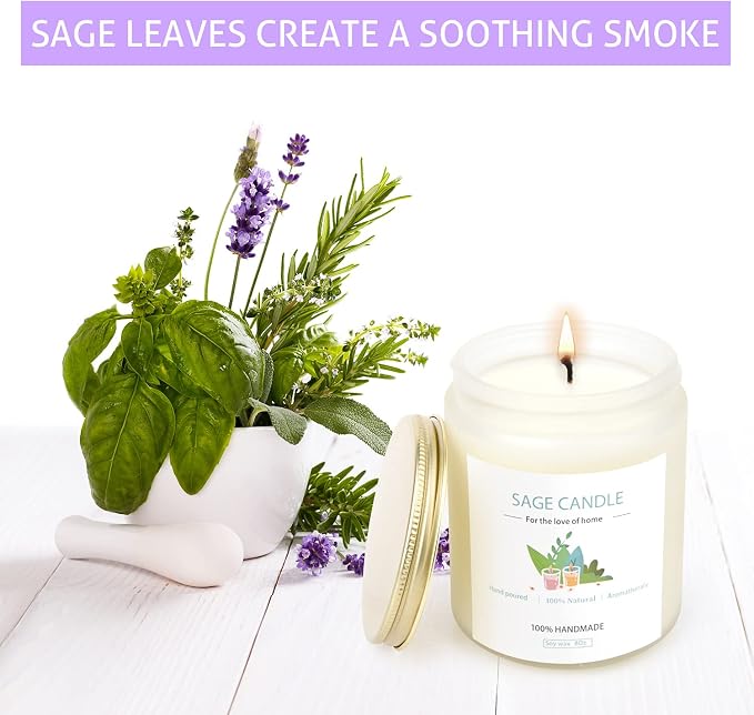 Sage Candle for Cleansing House, 8Oz 45 Hrs Soy Wax Sage Scented Candles for Home Scented Candle, for House Energy Cleansing, Banishing Negative Energy, Purification and Healing,Women Gifts