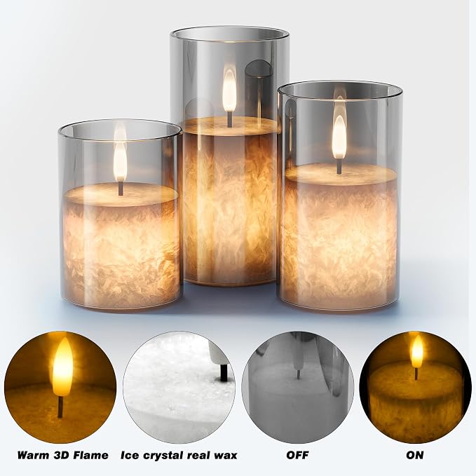 VIODAIM Ice Crystal Real Wax Glass Flameless Candles with Remote & Timer, Battery Operated Candles with Warm Flickering Flame, Realistic LED Candle for Wedding Home Decor [D3×H4/5"/6"] Grey, 3Pack