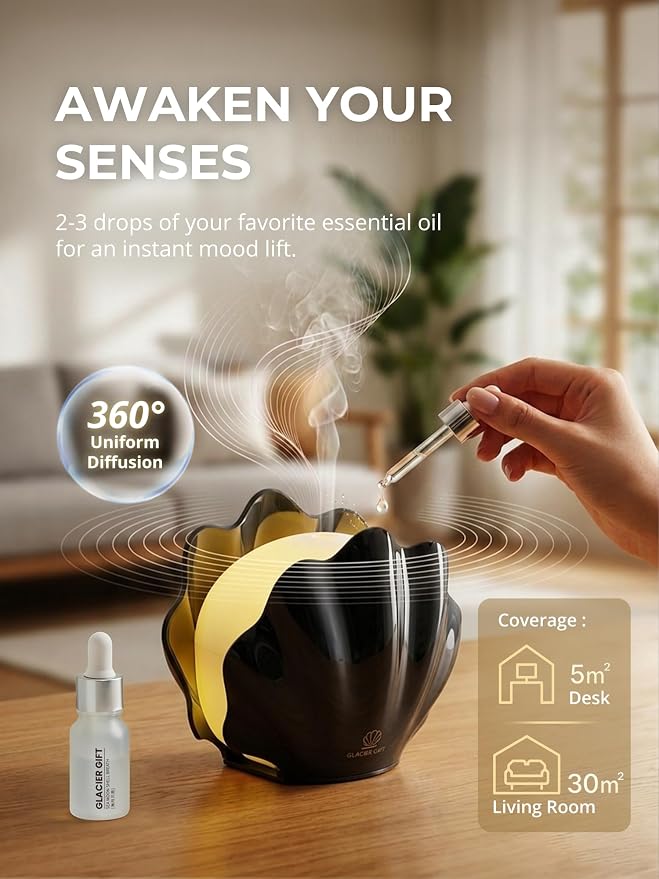 Essential Oil Diffuser 260ML, Shell Aroma Diffuser with Remote Control Humidifier with 7 Colors LED Night Light for Bedroom Home Relaxation (Black)
