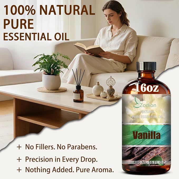 Vanilla Essential Oil - Vanilla Fragrance Oil for Diffuser, Massage, Humidifier, DIY Candle, Soap Making, Home, Bath, Yoga - 16 fl oz (480ml) - ZODION Essential Oils