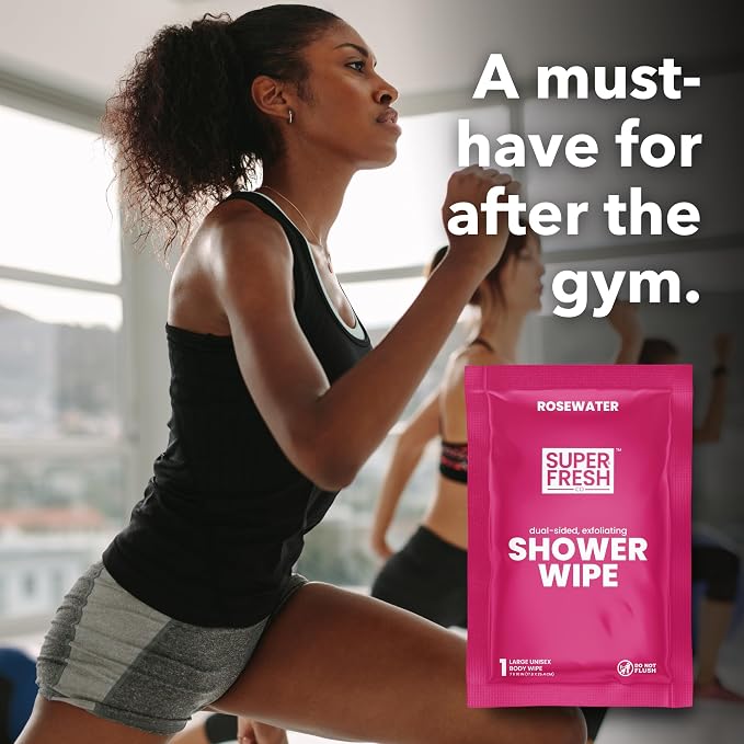 Super Fresh Shower Wipes Large Rosewater Body Wipes for No Rinse Bathing Personal Hygiene Gym Travel or Camping Enriched with Aloe and Vitamin E 50 Individually Wrapped Disposable Sheets