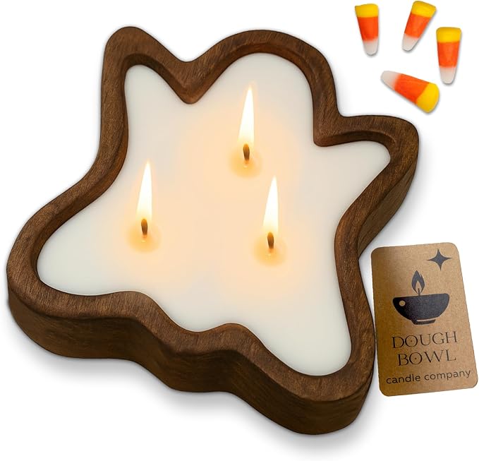 Dough Bowl Candle Co. Ghost Candles - 7x7x2in Halloween Candles, Wooden Fall Candle Decorations with Candy Corn Scent, Cute Fall Room Decor, 100% Soy Wax, Autumn Aesthetic with 35h Burn Time